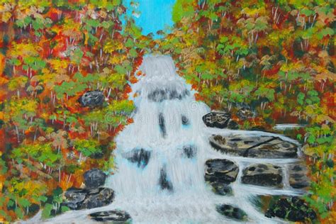 Canvas Oil Painting of Waterfall in Autumn Stock Illustration - Illustration of colorful ...