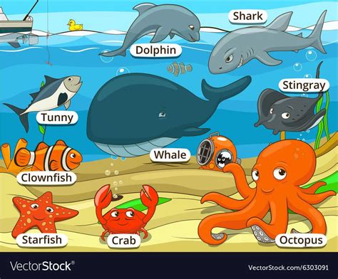 Underwater animals and fish with names cartoon Vector Image | Cartoon sea animals, Underwater ...