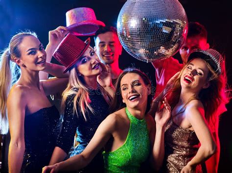 Dance Party with Group People Dancing and Disco Ball. Stock Image ...
