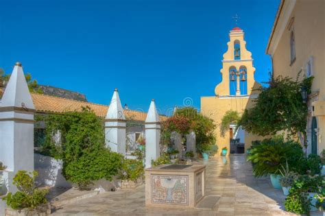 Courtyard of the Monastery of Paleokastritsa at Greek Island Cor Stock Image - Image of bloom ...