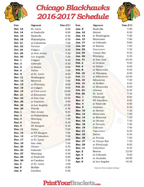 Printable Chicago Blackhawks Hockey Schedule 2016 - 2017 | Chicago ...