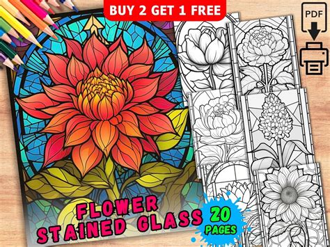 20 Flower Stained Glass Coloring Pages Flower Coloring Book - Etsy