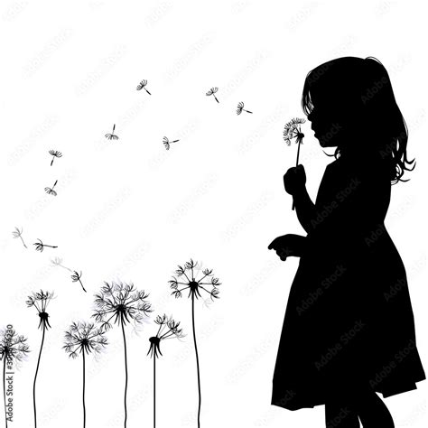 The profile of the silhouette of the girl blows dandelion. Vector ...