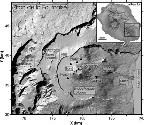 Shaded relief map of the Piton de la Fournaise massif showing three ...