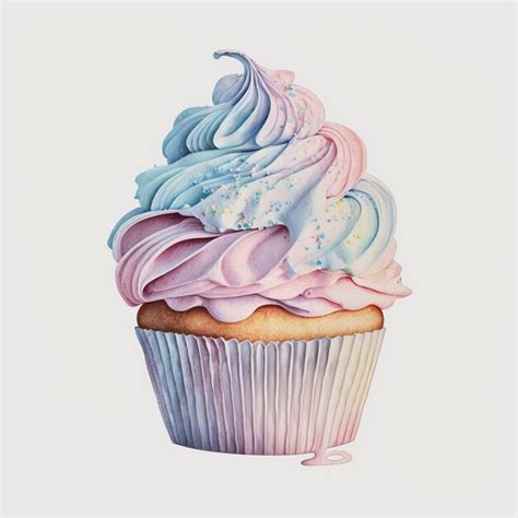 Premium AI Image | A watercolor painting of a cupcake with a pink and blue icing.