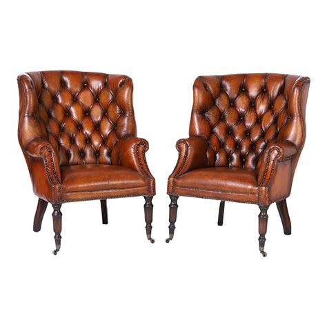 Pair of Leather Button Tufted Wingback British Colonial Style Armchairs ...