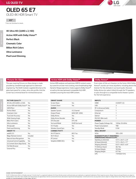 LG OLED65E7P User Manual Specification OLED 65 E7 Spec Sheet 20170620