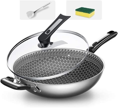 304 Stainless Steel Wok Pan Honeycomb Nonstick Pan with Glass Lid Less ...