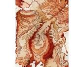 Items similar to Orange abstract art print, small modern watercolor wall art, topography ...