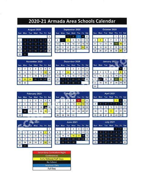 2020 - 2021 District Calendar | Armada Area Schools – Armada, MI