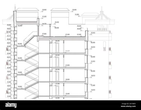 Multistory building section, detailed architectural technical drawing, vector blueprint Stock ...