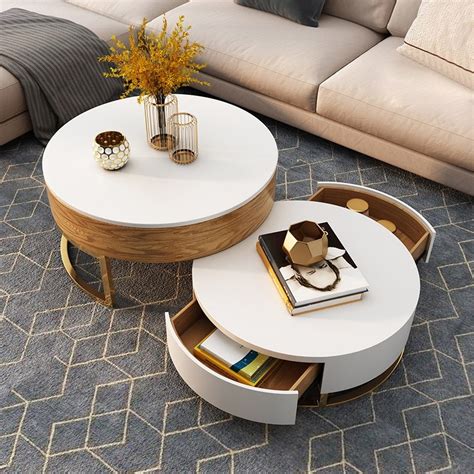 Modern Round Coffee Table with Storage Lift-Top Wood Coffee Table with Rotatable Drawers in ...