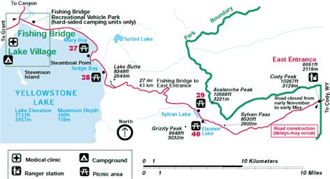 Lake Village to East Entrance Map of Yellowstone National Park ~ Yellowstone Up Close and Personal