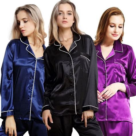 Women Silk Satin Pajamas Set Long Sleeve Button-Down Sleepwear Lady ...