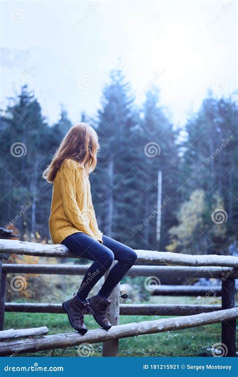 Girl Sitting on a Wooden Fence Stock Image - Image of inscription ...