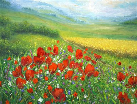 Red poppy painting Poppy field painting summer landscape | Etsy