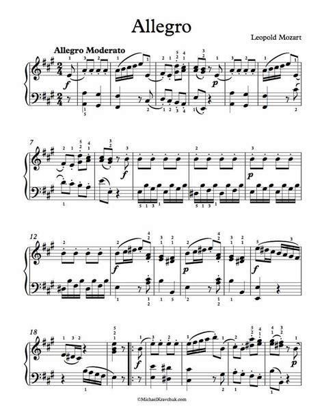 Free Piano Sheet Music – Allegro In A Major – Leopold Mozart – Michael ...