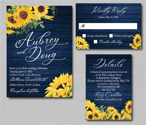 Rustic Sunflower Navy Background Wedding Invitation - Affordable ...