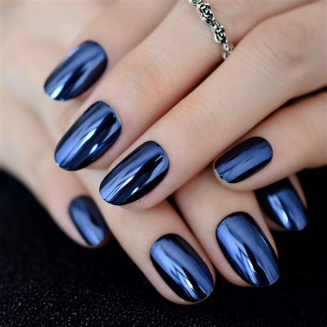 Metallic Oval Navy Blue Medium Nails Mirror Effect Chrome Nail Powder Press On Nails Full Cover ...