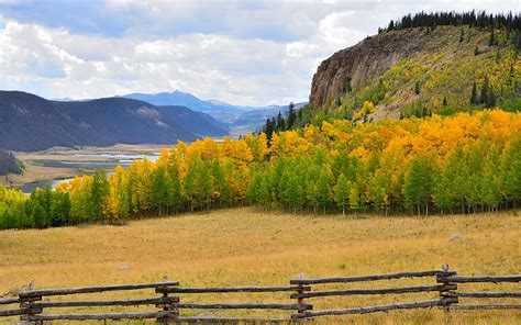 Autumn, sky, mountains, trees, grass, fence, Autumn, Sky, Mountains ...