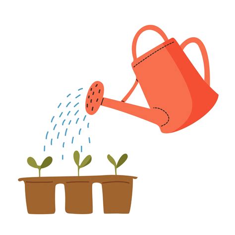 Seedlings are watered from a red watering can. Gardening tools. 3400192 Vector Art at Vecteezy