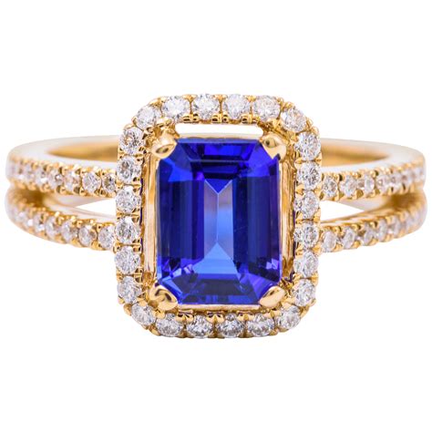 Emerald Cut Shape Tanzanite and Diamond Ring at 1stDibs