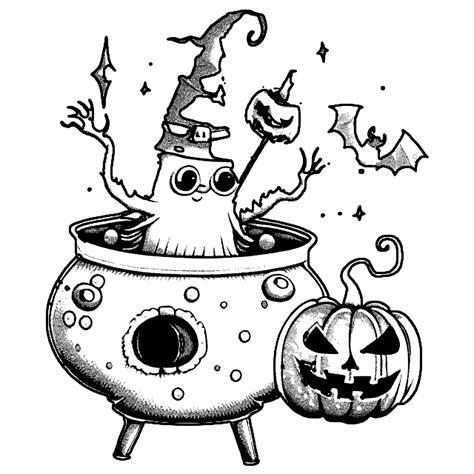 Halloween Coloring Page Whimsical Creatures CandyFilled Cauldron Neon ...