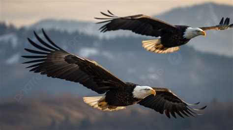 Two Bald Eagles Soaring In The Air Above Mountains Background, Picture ...