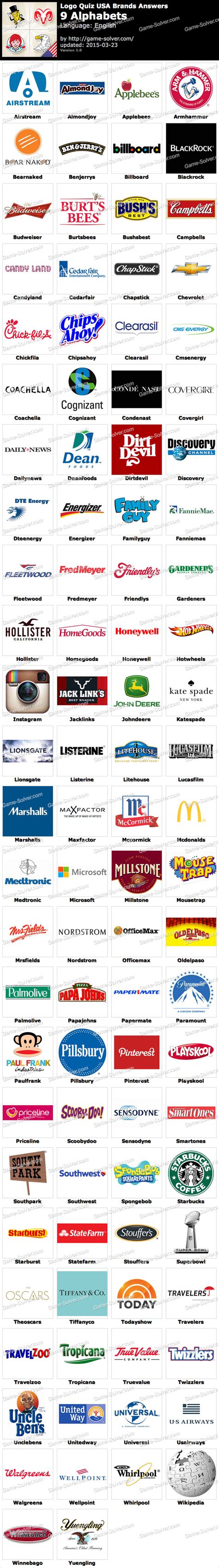 Logo Quiz USA Brands 9 Alphabets - Game Solver