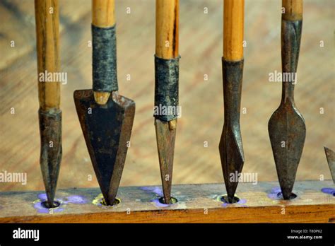 Arrow heads on display at Milton Keynes Museum History Festival 2019. Wolverton, Buckinghamshire ...