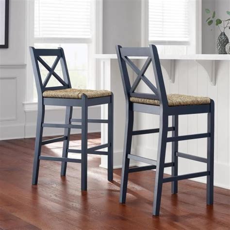 Home Decorators Collection Dorsey Midnight Blue Wood Bar Stool with Back and Woven Rush Seat ...