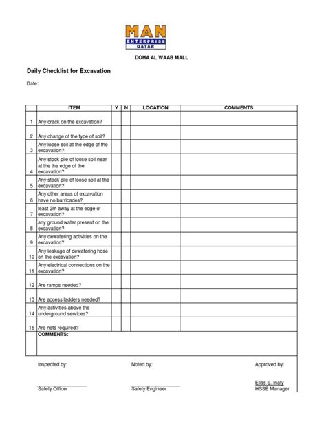 Excavation Checklist