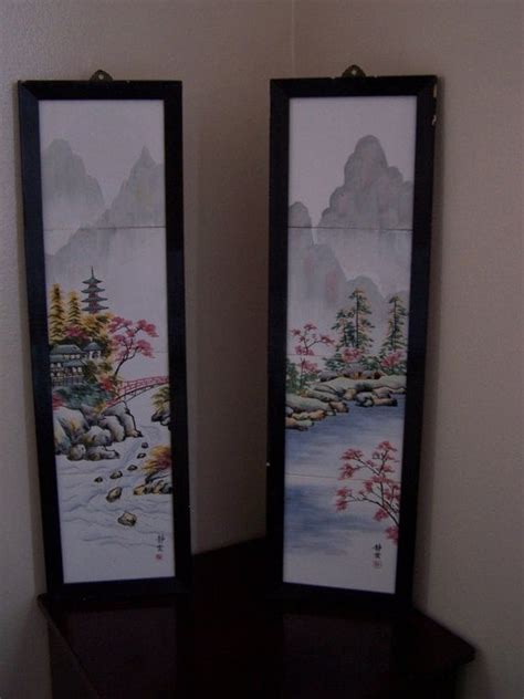 Hand painted Japanese ceramic tile framed wall art