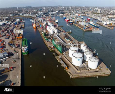 Aerial view from drone of Aberdeen harbour and port which is hub for ...