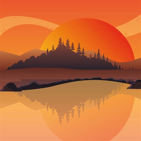 Premium Vector | Sunset landscape at the lake