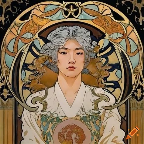 Asian man with gray hair in alphonse mucha art nouveau style with gold and navy theme on Craiyon