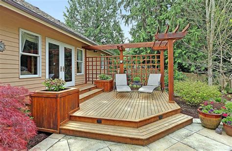 Wood deck with trellis and fence l shaped pergola and planter boxes ...