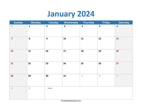 Download 2024 Printable Calendar January (Word Version)