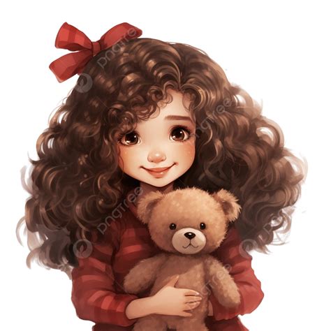 Merry Christmas, Happy Cute Curly Little Girl With Teddy Bear In Dress ...