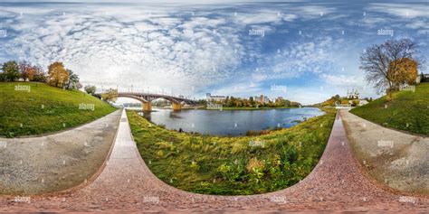360° view of full seamless spherical panorama 360 degrees angle view on bank of wide river in ...