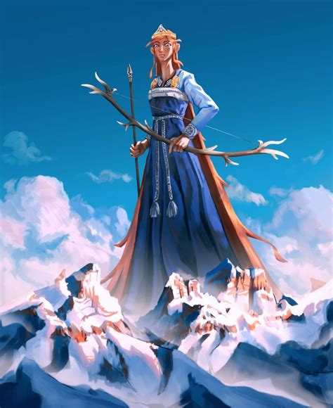 a woman in a blue dress standing on top of a snow covered mountain holding an arrow