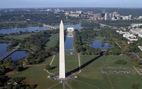 An aerial view of Washington, D.C., focusing on the Washington Monument ...