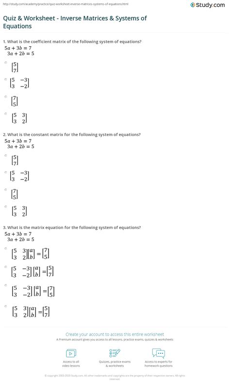 Quiz & Worksheet - Inverse Matrices & Systems of Equations | Study.com