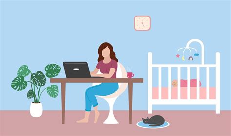 Mom works at home remotely with laptop. Baby sleeping in crib. Young woman working and sitting ...