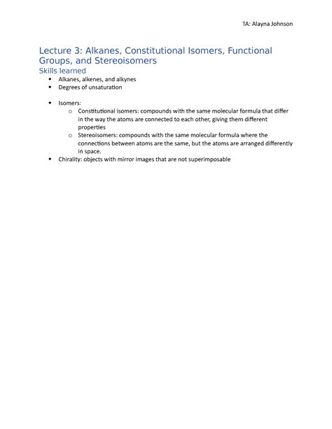 Alkanes, Constitutional Isomers, Functional Groups, and Stereoisomers Practice Materials ...