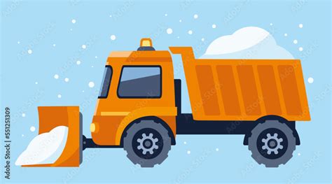 Snow plow truck cleaning road removing snow in a flat style on blue ...