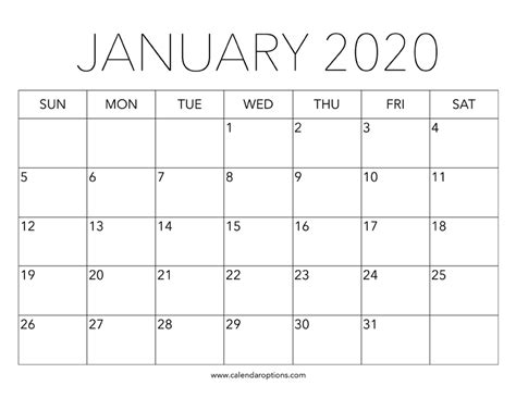 Printable January 2020 Calendar – Calendar Options