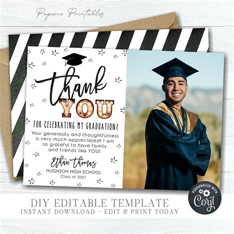 a graduation thank card with an image of a man in a cap and gown on it