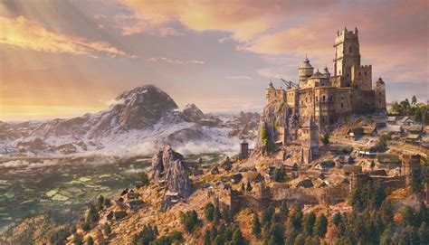 concept art, artwork, landscape, fantasy art, mountains, castle HD Wallpaper