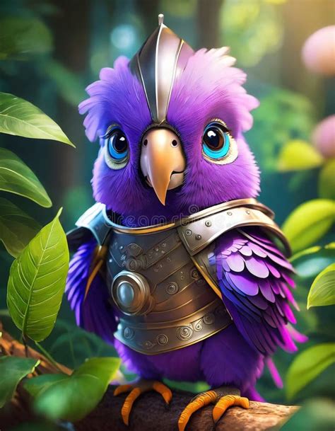 Bright Purple Baby Parrot, Adorable Big Eyes, in Knight Armor and Helmet. AI Generative Stock ...